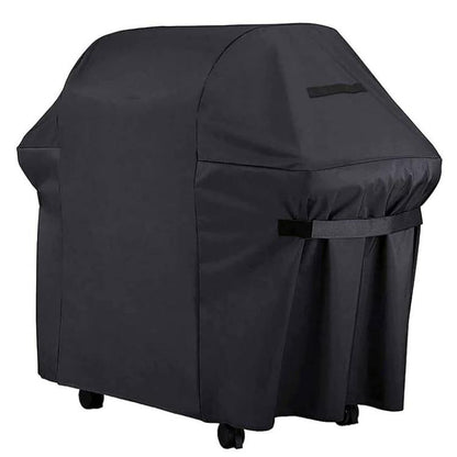 Black BBQ grill cover with fitted hood and adjustable straps, 600D oxford fabric