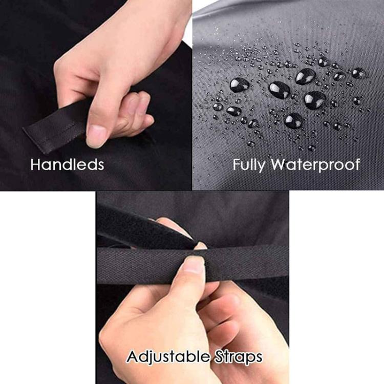Black BBQ grill cover with adjustable fastening straps and reinforced seams