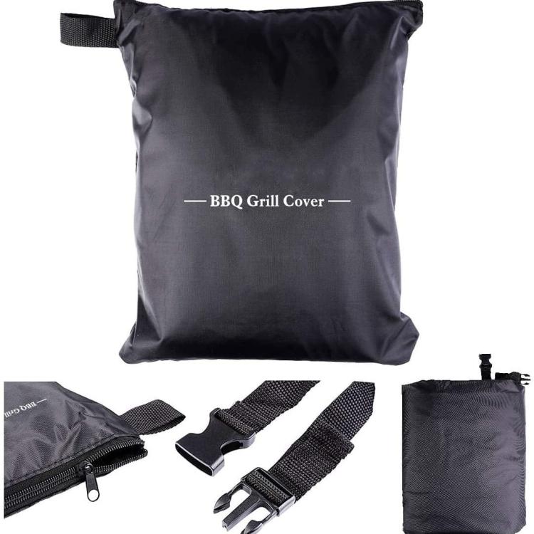 Black BBQ grill cover with drawstring-like hem and front strap attachments