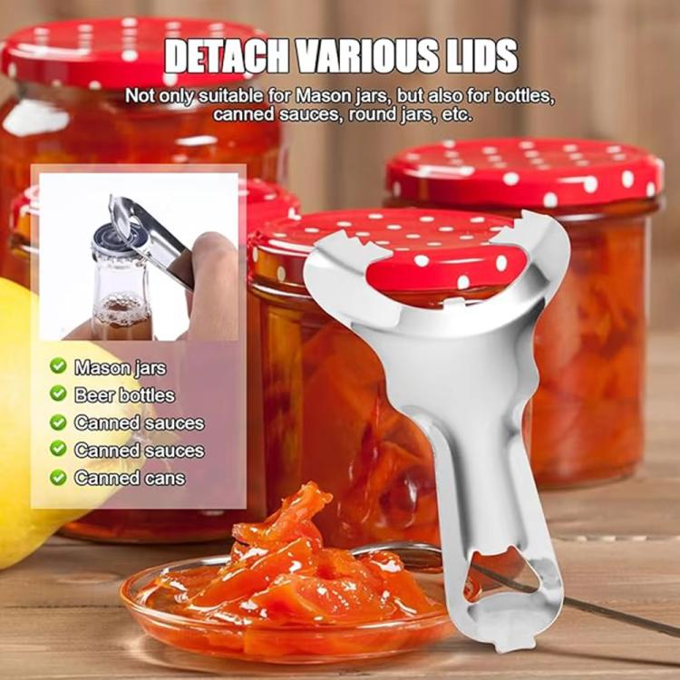Stainless steel lid remover tool with claw prongs for mason jars and bottles