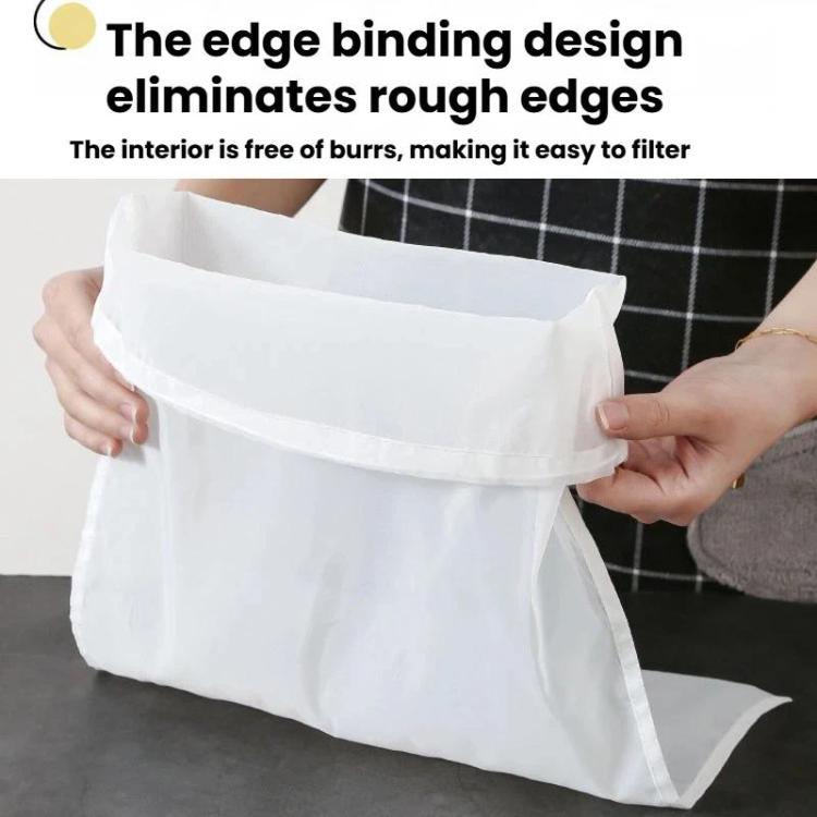 White filter bag with reinforced rim and drawstring tie in hands.