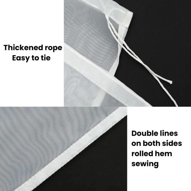 Close-up of white filter bag edge with tied cord and double-line stitching.