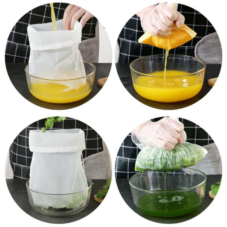 White filter bag pouring different liquids into glass bowls during straining.