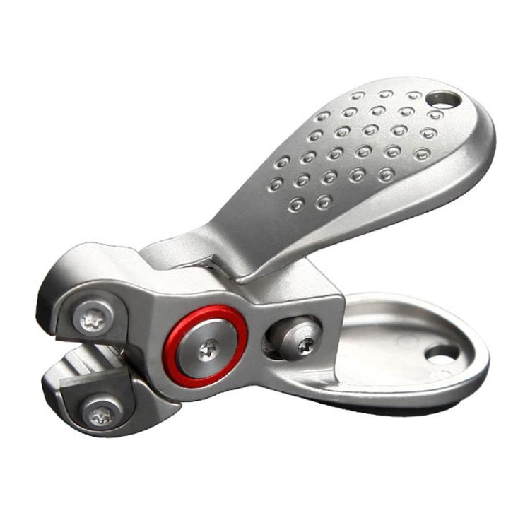 Stainless steel fishing line cutter pliers with red circular grip and perforated handle