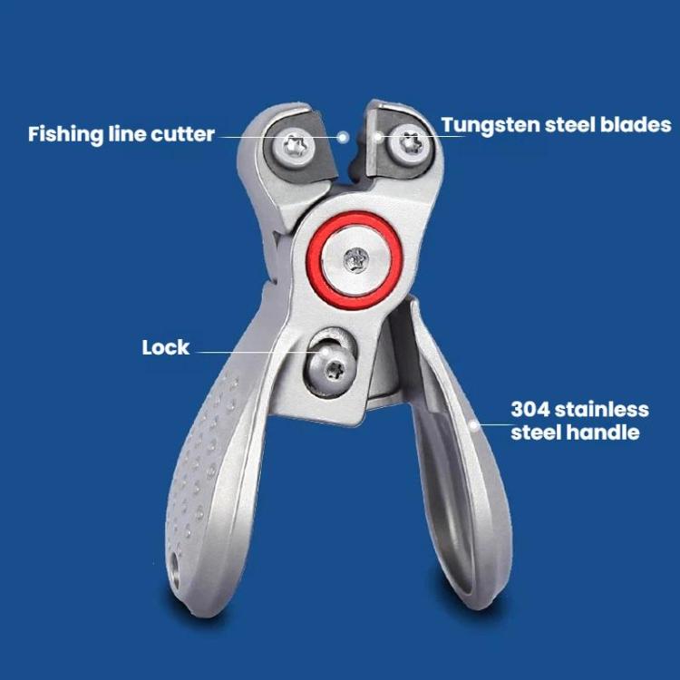 Silver fishing line cutter pliers with red center ring and visible locking mechanism
