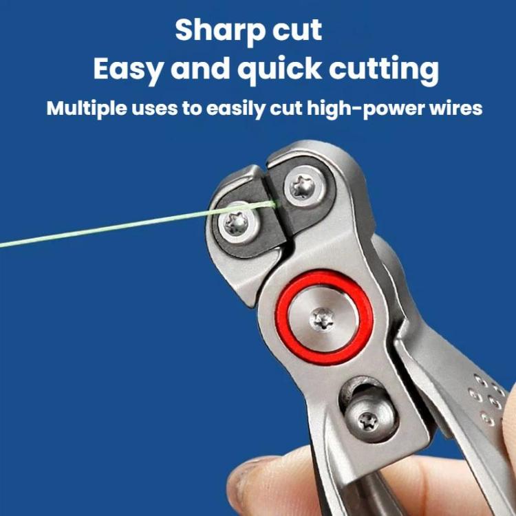 Fishing line cutter pliers with sharp-cut head, red circular ring, and silver handle