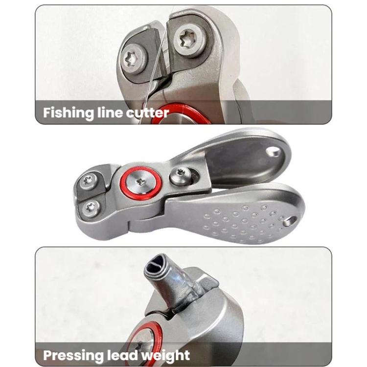 Fishing line cutter pliers showing pressing lead weight detail, silver with red ring