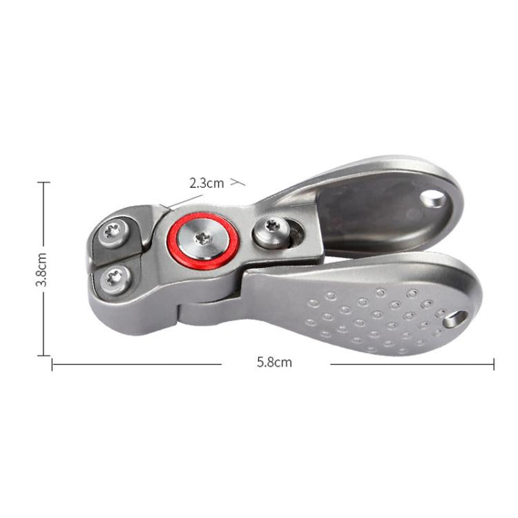 Compact silver fishing line cutter pliers with red ring and textured non-slip handle