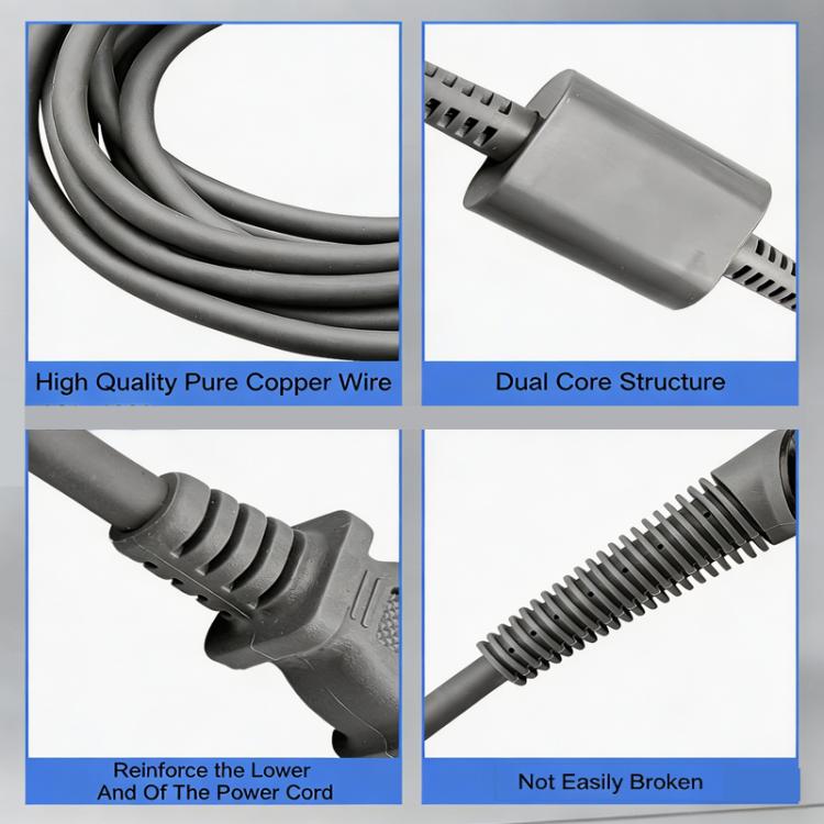 Replacement power cord close-up with reinforced sections and textured connector