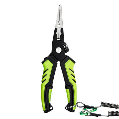 Green and black fishing line cutting shears with loop opener and hook remover tool.