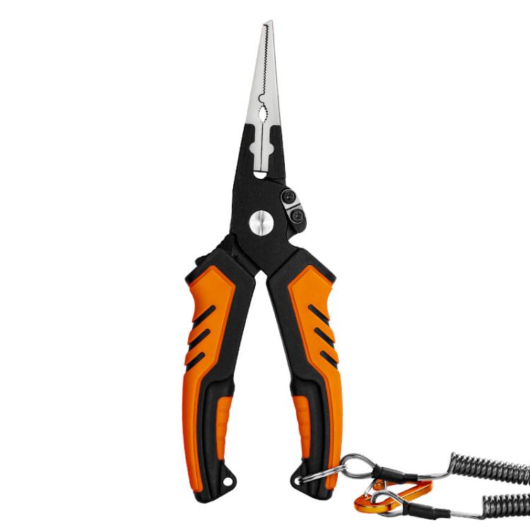 Orange and black fishing line cutting shears with loop opener and hook remover tool.
