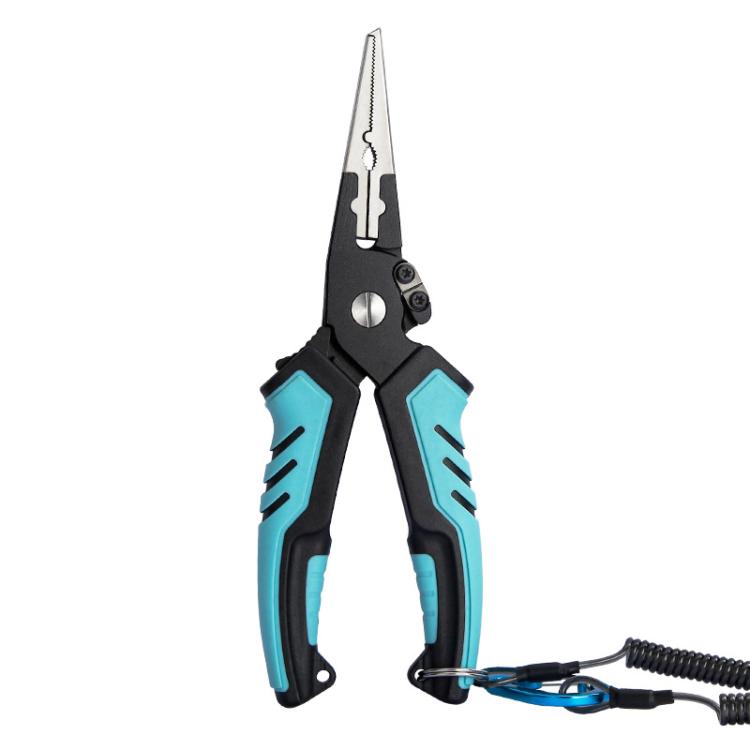 Blue and black fishing line cutting shears with loop opener and hook remover tool.