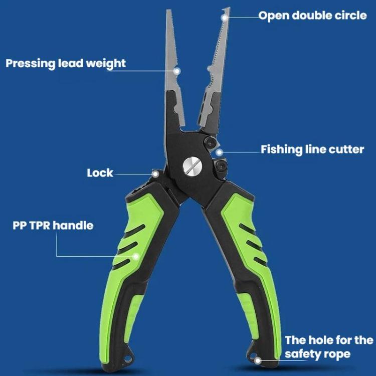 Green fishing line cutter pliers with dual blades and locking mechanism.