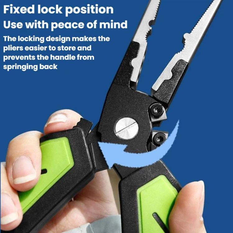 Green-and-black fishing pliers with locking design and precision cutting jaws.