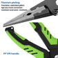 Green fishing line cutter pliers with serrated tips and titanium-plated jaw surfaces.