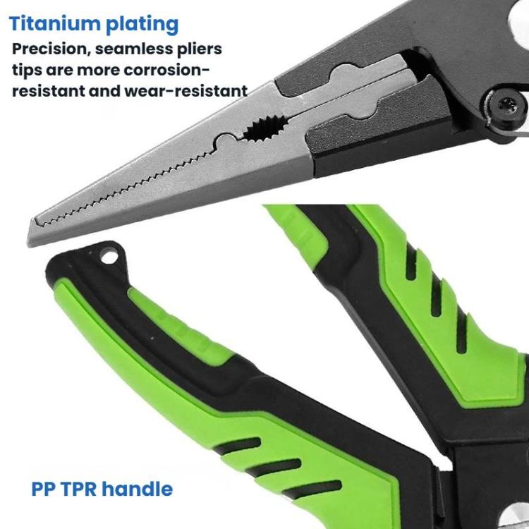 Green fishing line cutter pliers with serrated tips and titanium-plated jaw surfaces.