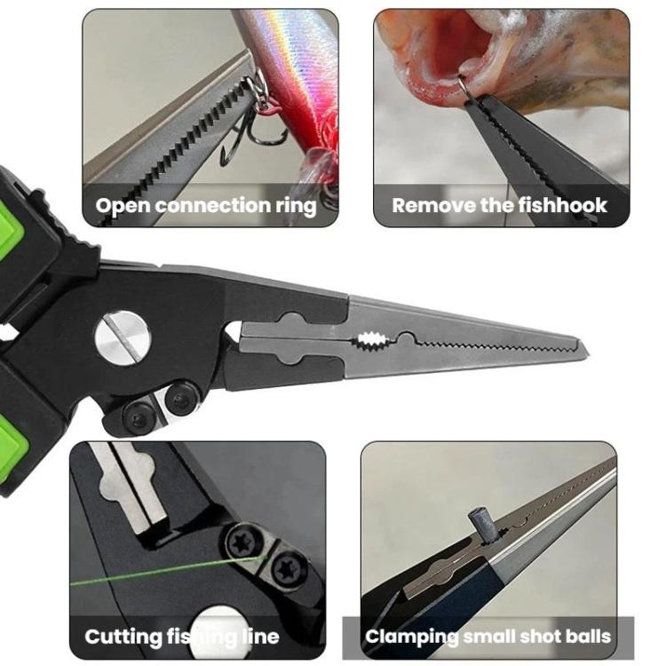 Fishing line cutting and hook-removal tool with clamp and cutting features.