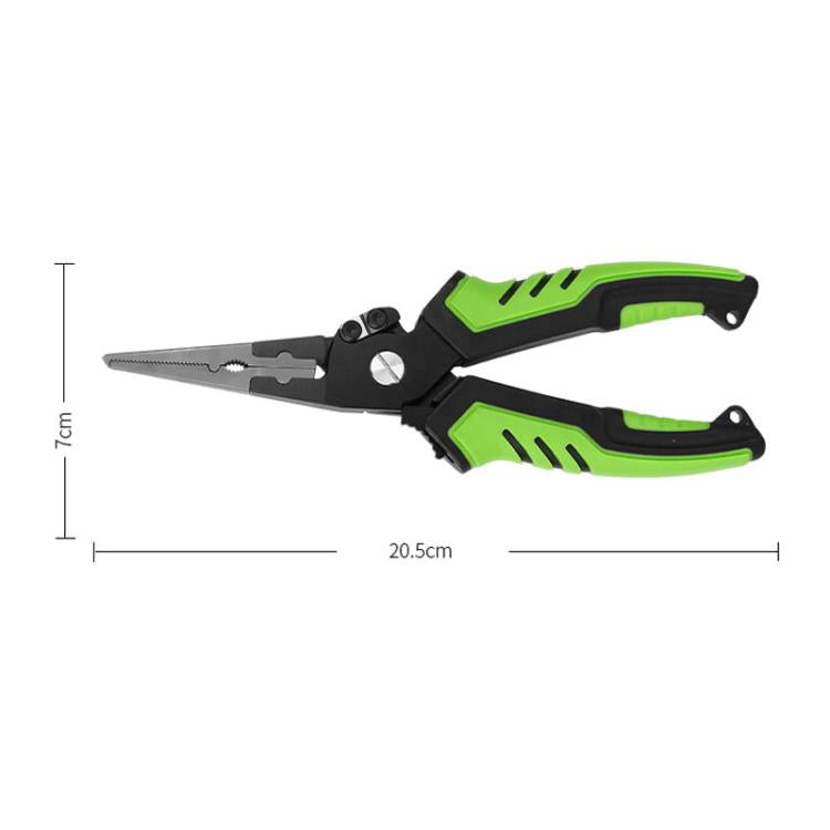 Green fishing line cutting shears tool with long blades and loop opener.