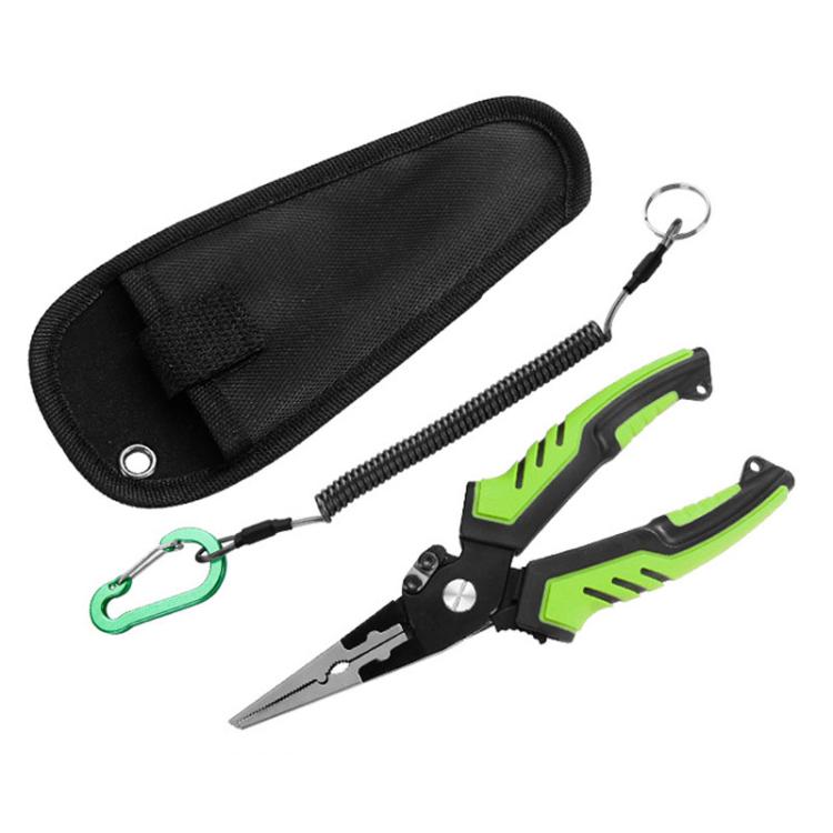 Green-and-black fishing line cutter with hook remover and loop opener, with black case