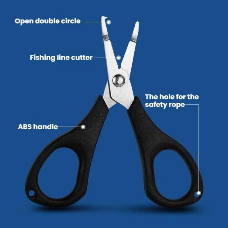 Black-handled loop-opening fishing line cutter pliers with safety-rope hole feature