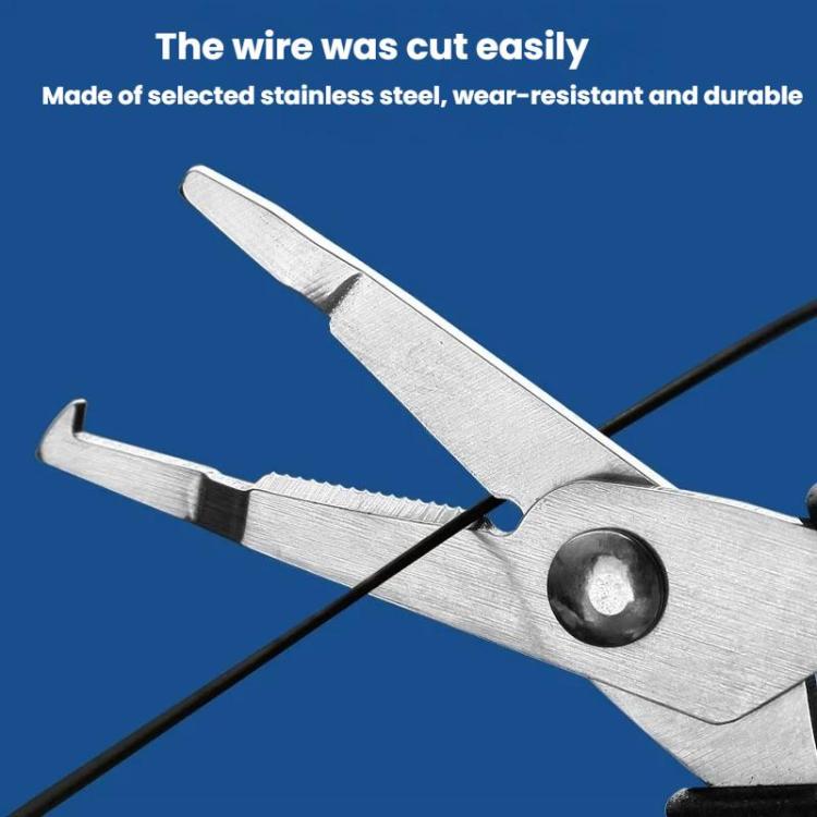 Stainless steel cutting blades of a fishing line cutter pliers with black ABS handle