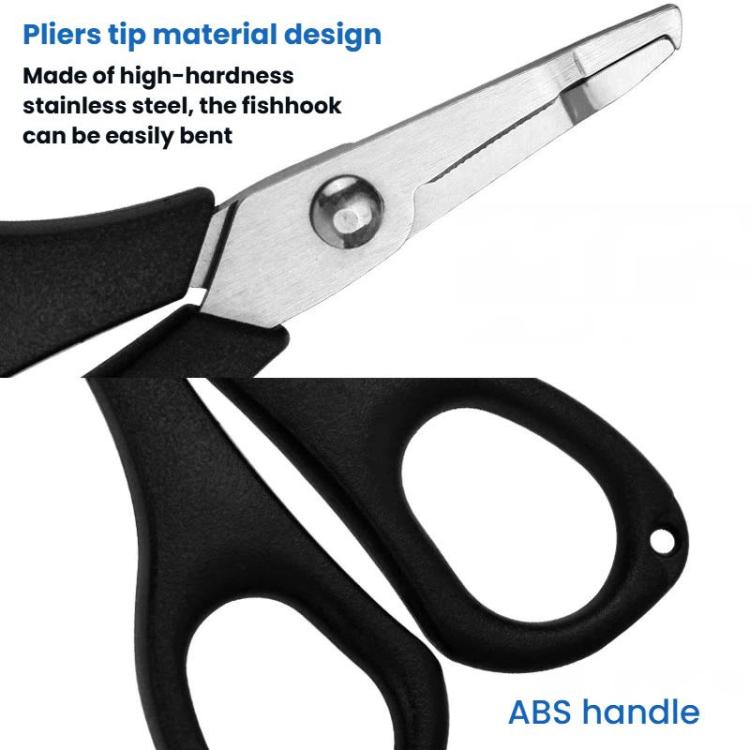 Black ABS-handled fishing line cutter pliers with stainless steel tip and pivot screw