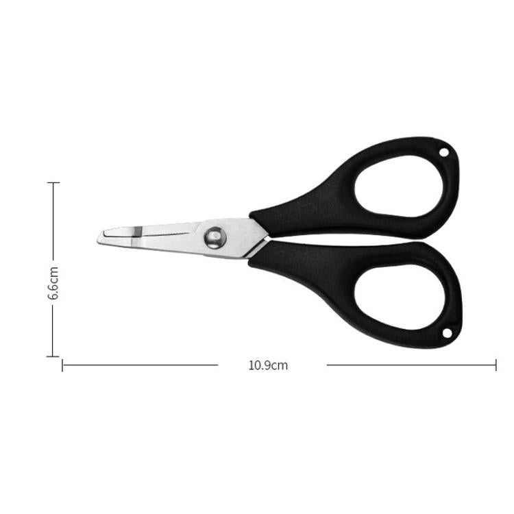 Black-handled stainless steel fishing line cutter pliers, open with loop-opening jaws