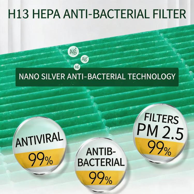 Replacement filter close-up with green pleated HEPA-style media and black trim