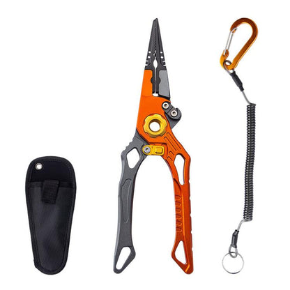 Orange and gray fishing hook removal pliers with black holster and spring lanyard