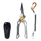 Gray fishing hook removal pliers with black holster and spring lanyard with carabiner