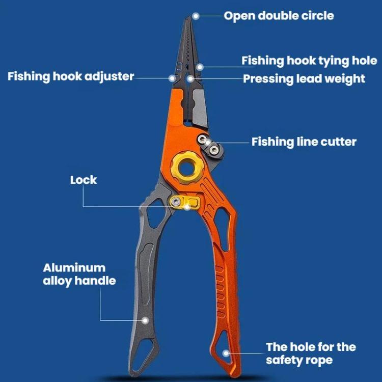 Orange and gray multi-tool fishing pliers with long jaws and hook-tying hole