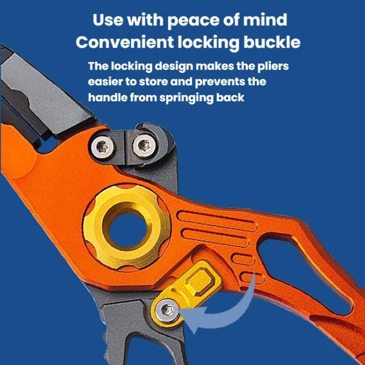 Orange and gray locking fishing pliers with yellow ring-shaped handle insert