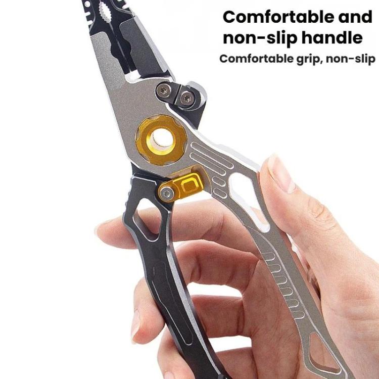 Hands holding orange and gray fishing hook pliers with non-slip grip handles
