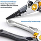 Close-up of gray and orange fishing pliers with serrated hook grip and aluminum handle