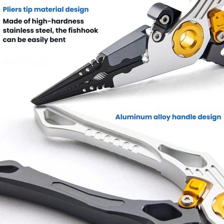 Close-up of gray and orange fishing pliers with serrated hook grip and aluminum handle
