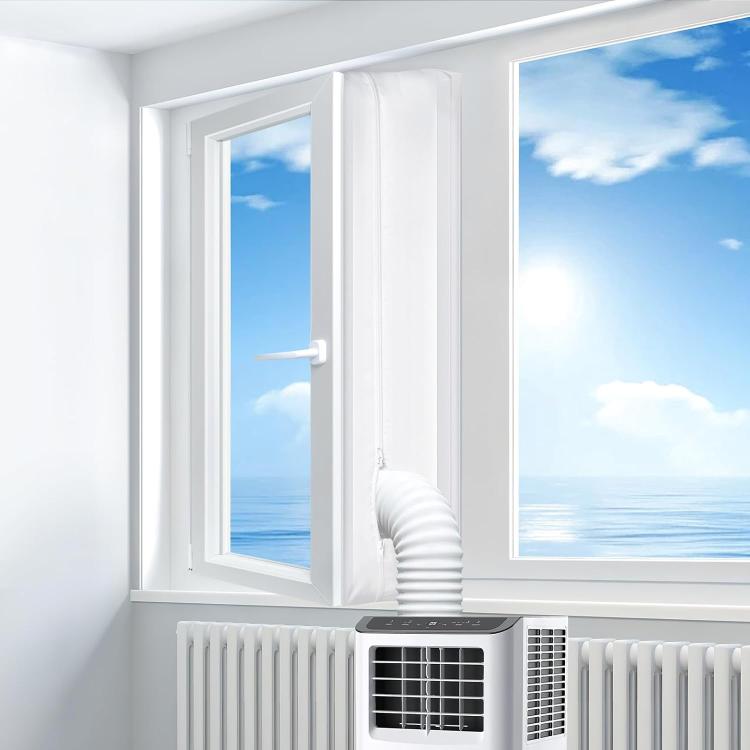 Universal window seal with fitted white fabric barrier and flexible exhaust hose