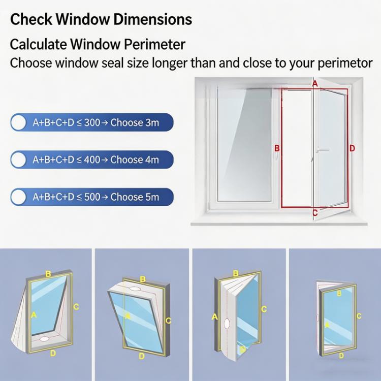 Universal window seal sizing chart for selecting length based on window perimeter