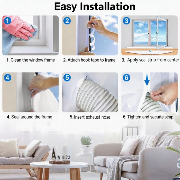 Universal window seal installation steps with adhesive hook tape and zipper closure