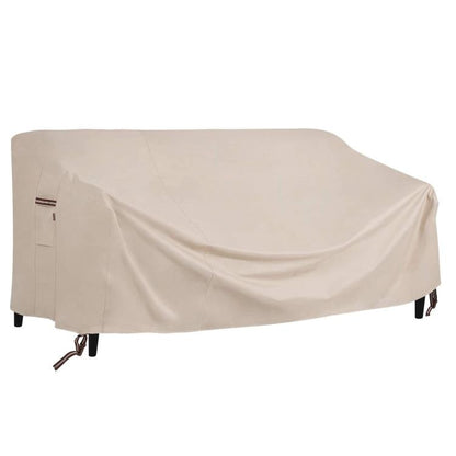 Beige outdoor sofa cover for patio couch, fitted shape with tie-down straps