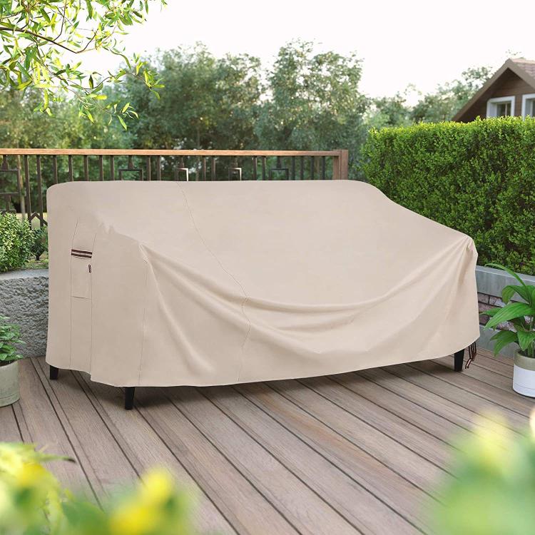 Beige fitted patio sofa cover, water-protective and wind-resistant