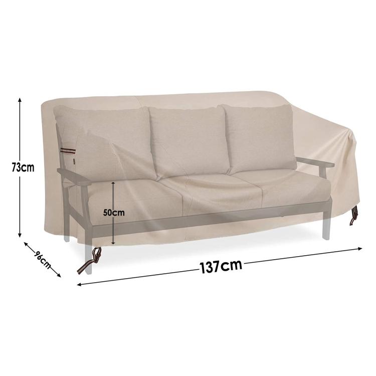 Beige patio couch cover sized 137x96, with corner tie-down cords