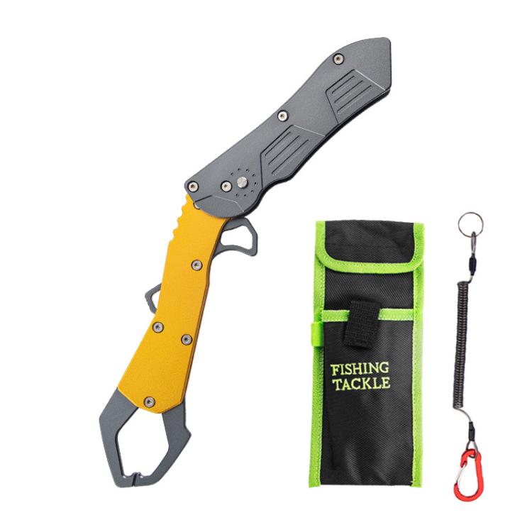 Foldable fish-gripping pliers with red and yellow body, gray handle, and gripping jaws