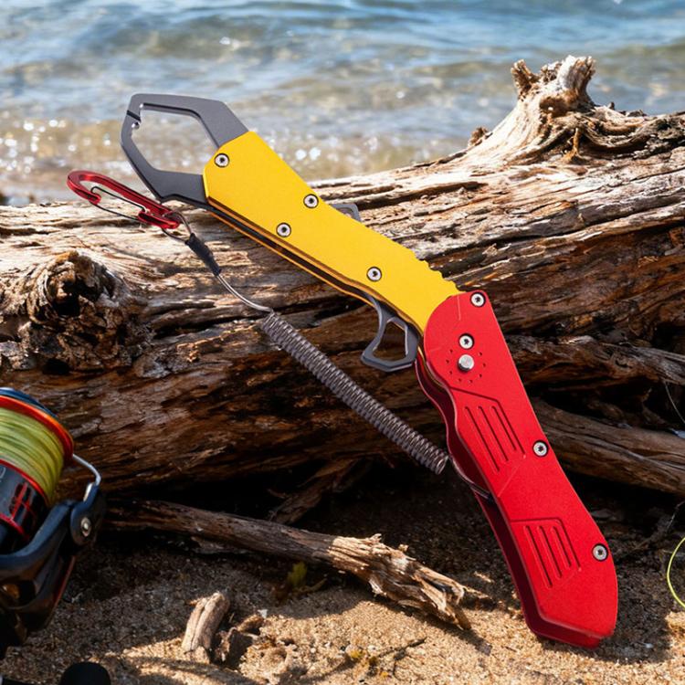 Red and yellow foldable fish-gripping pliers with gray jaw grips