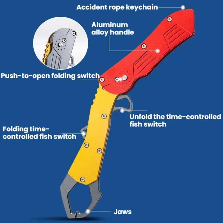Foldable fish-gripping pliers with red handle and yellow body in compact form