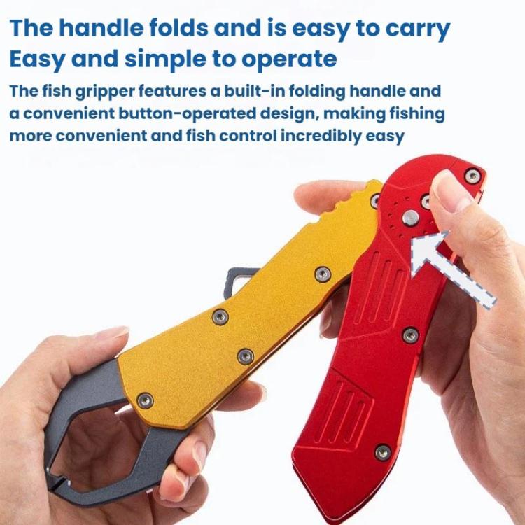Foldable fish-gripping pliers with built-in folding handle and button-operated design