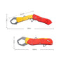 Foldable fish-gripping pliers shown with folded and extended sizes, red and yellow