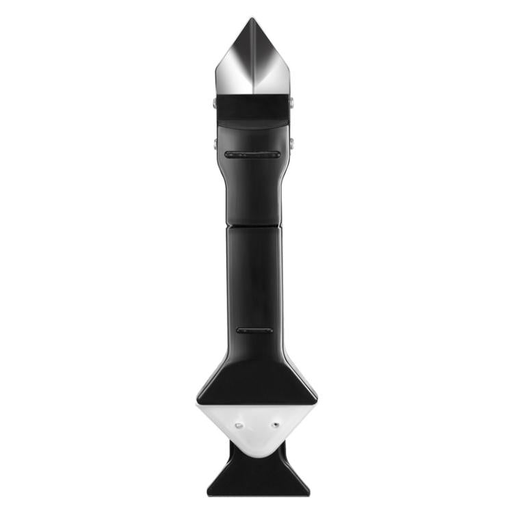 Black and silver caulk remover tool with pointed top and white triangular scraper