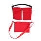 Red post-surgery breast drainage support pouch with two front pockets and shoulder strap