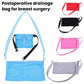 Set of breast drainage support pouches showing blue, grey, black, and pink options with straps
