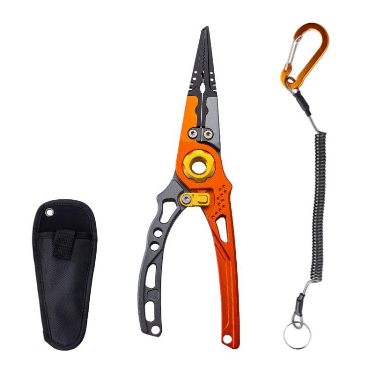 Orange and gray fishing lure pliers with spring lock and lanyard clip